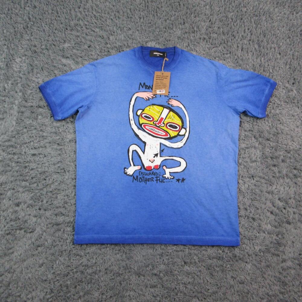 Dsquared2 Shirt Mens 2XL Blue Graphic Monkey New Dean Fit Cotton Crewneck Italy